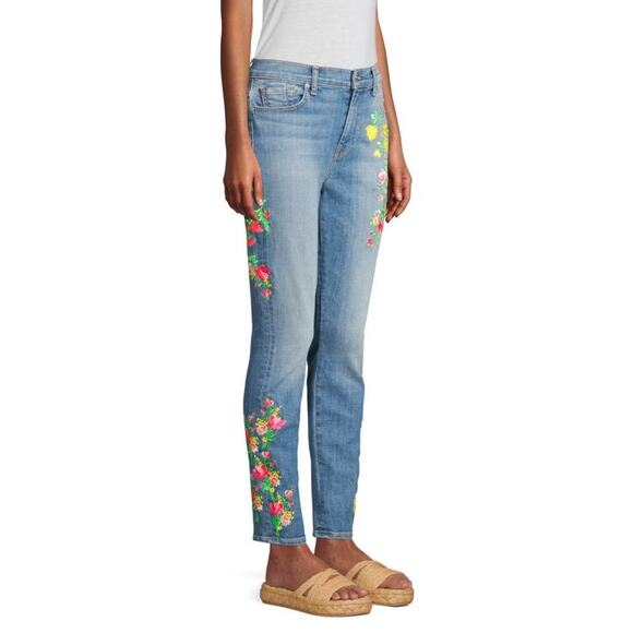 💜HP💜 7FAM | High Waist Ankle Skinny Jean | Boho Neon Floral Embroidered | Sz 28 - Picture 2 of 10
